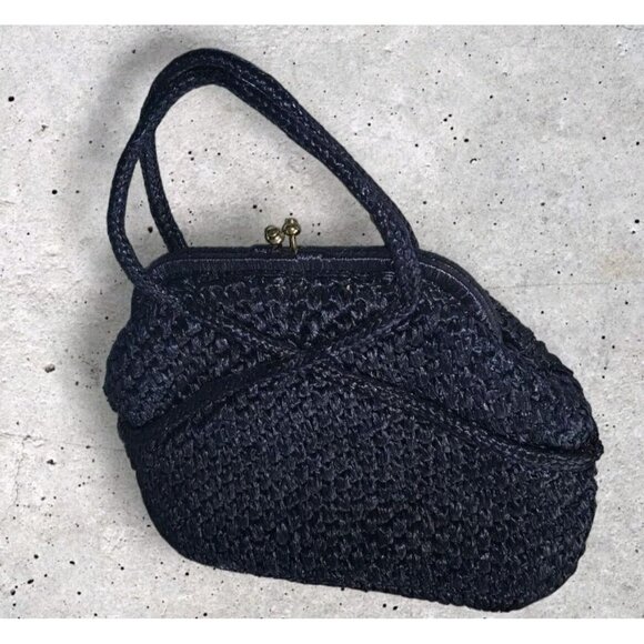 VINTAGE MANTESSA BLUE STRAW HINGED PURSE Hand Mase In JAPAN - Picture 4 of 11